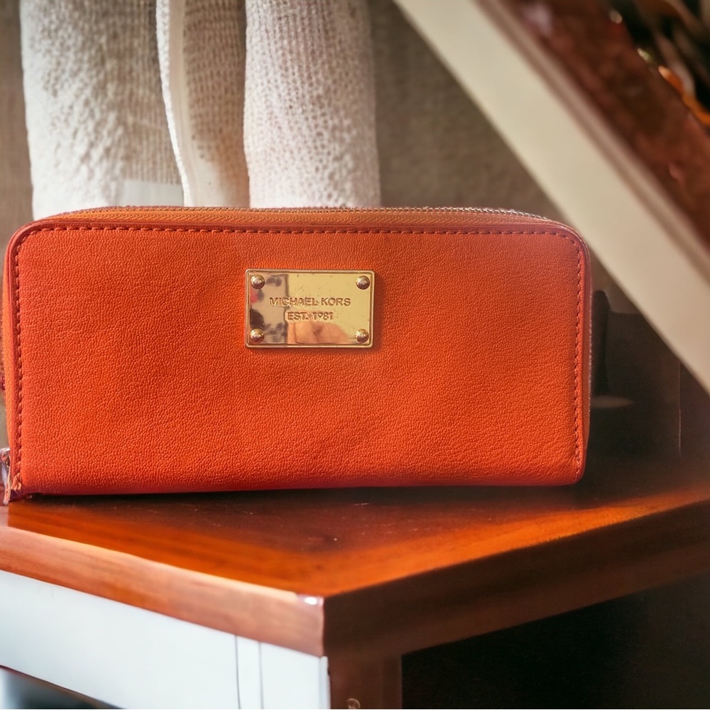 Michael Kors Continental Orange Leather Zipped Around Wallet